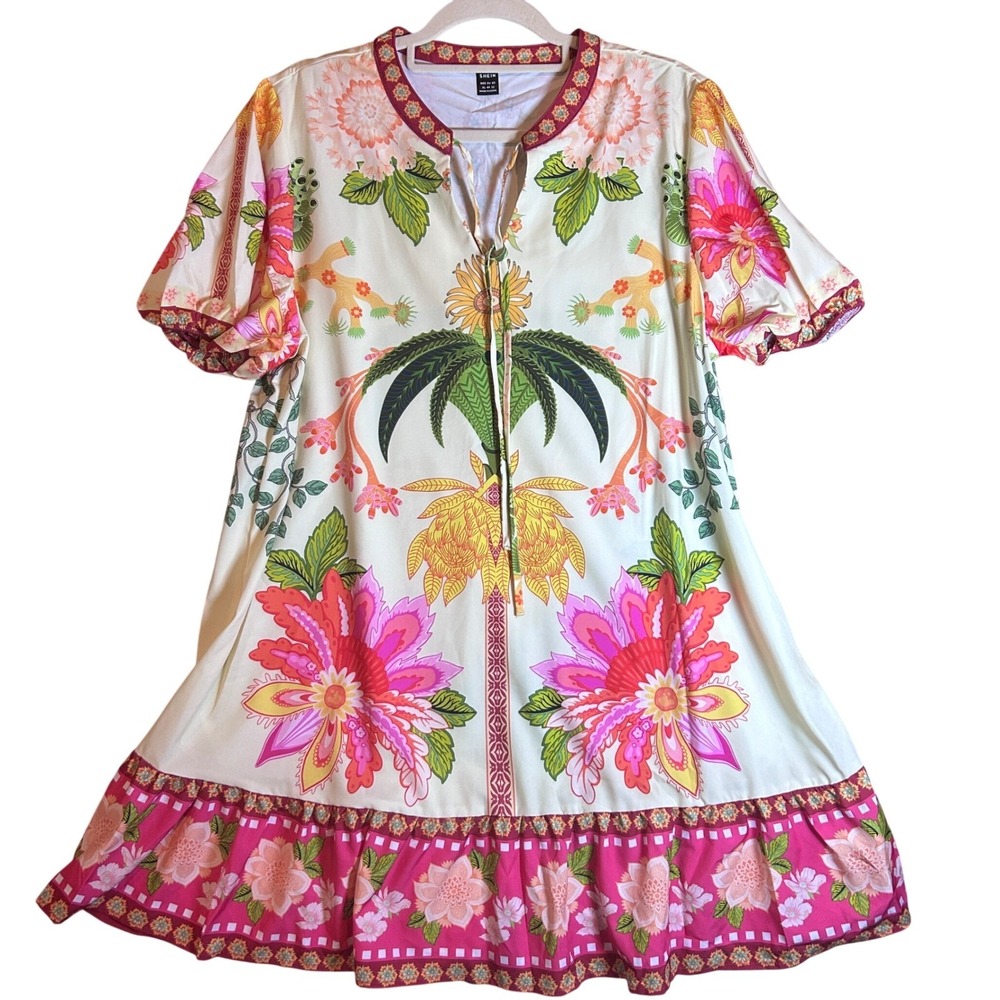 SHEIN Boho Floral Print Tunic Dress Cream Pink Green Short Sleeve V-Neck